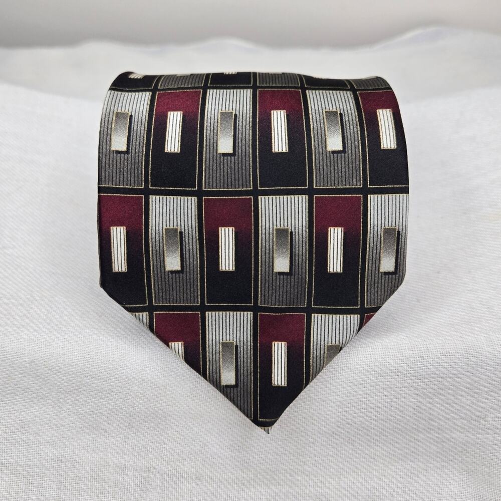 GIORGIO BRUTINI Collezione Silk Mens Tie Geometric Black, Gray, and Red Pattern